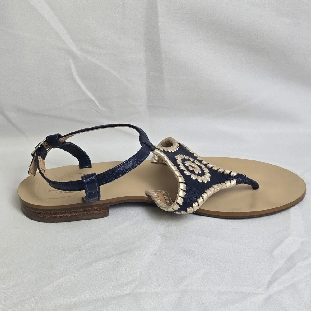 Jack Rogers Maci Slingback Sandals Navy Blue Beige Whipstitching Coastal 6.5M